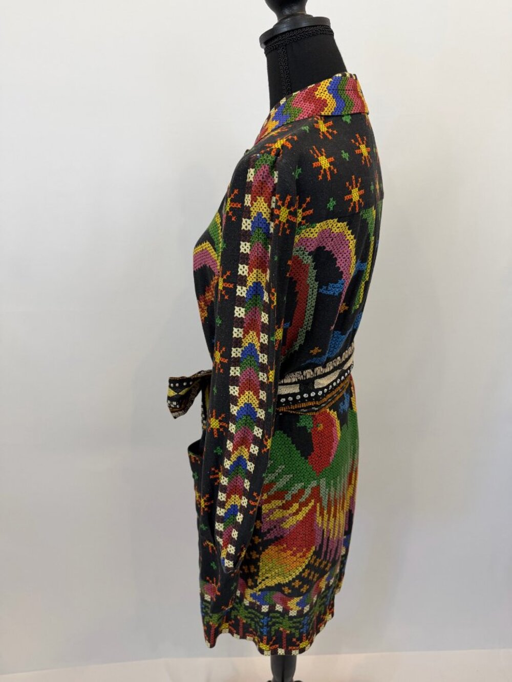 FARM Rio Black Cross Stitch Rainbow Sun Bird Linen Belted Shirt Dress M NWOT - Picture 2 of 7